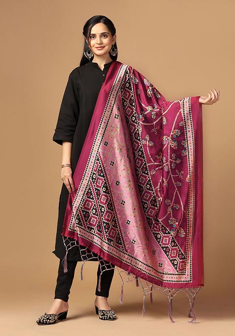Burgundy Abstract Print Art Silk Dupatta
