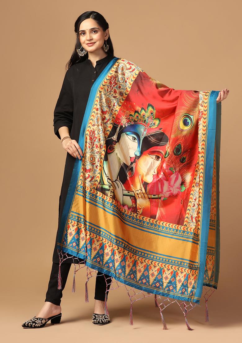 Orange Abstract Print Art Silk Dupatta - Indya