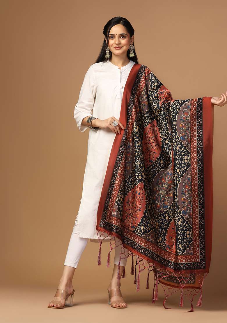 Black Abstract Print Art Silk Dupatta - Indya