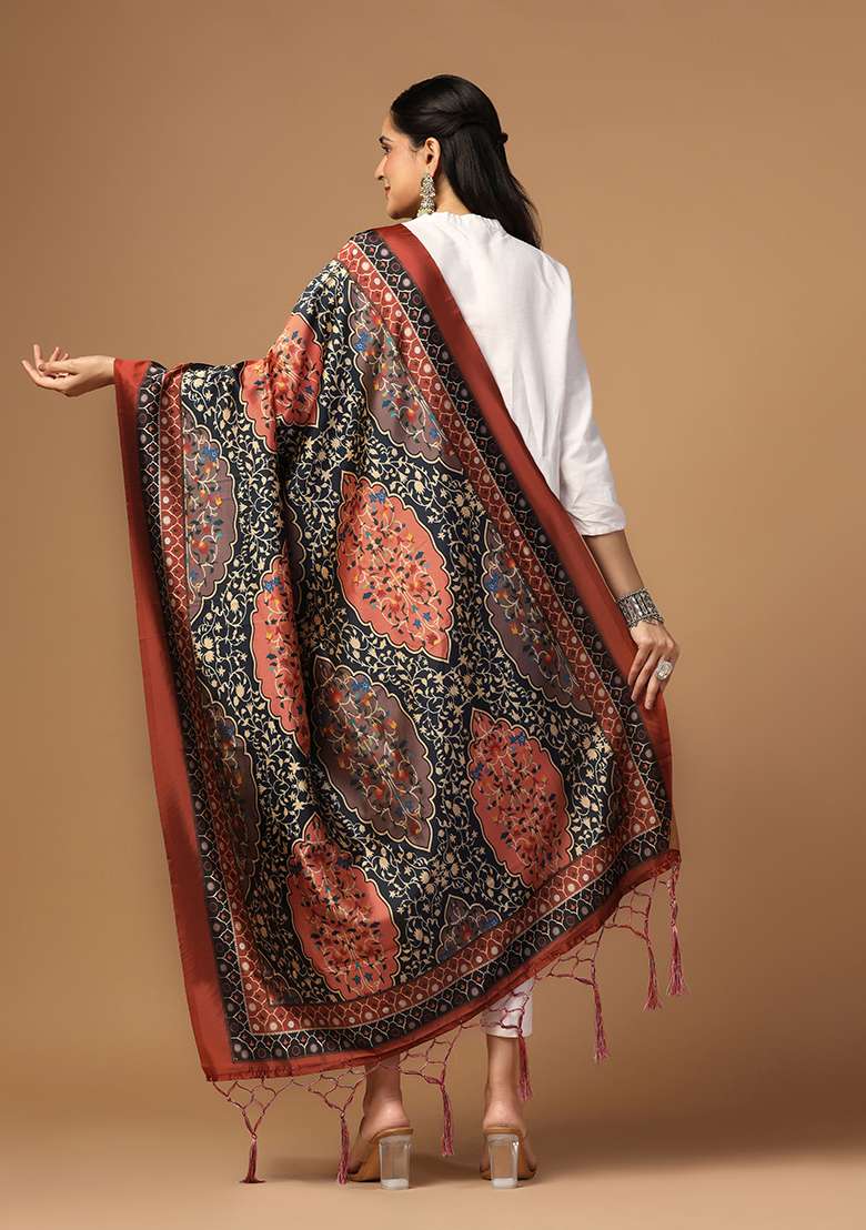 Black Abstract Print Art Silk Dupatta - Indya