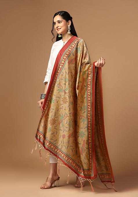 Beige Abstract Print Art Silk Dupatta