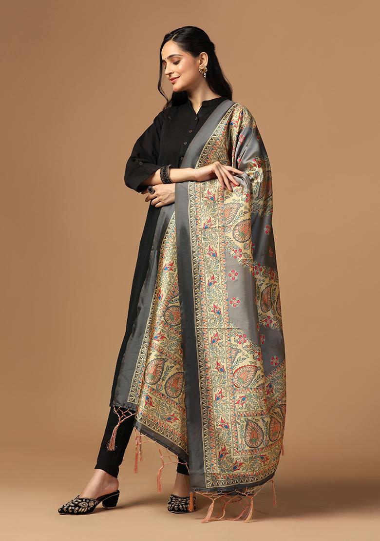Grey Abstract Print Art Silk Dupatta