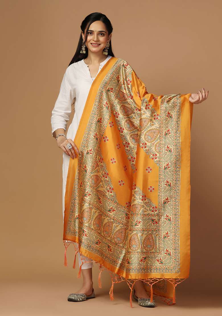 Mustard Abstract Print Art Silk Dupatta - Indya