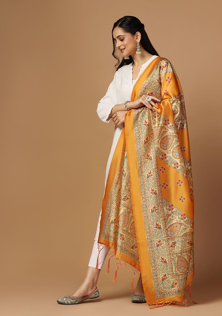 Mustard Abstract Print Art Silk Dupatta