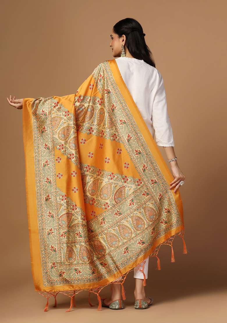 Mustard Abstract Print Art Silk Dupatta - Indya
