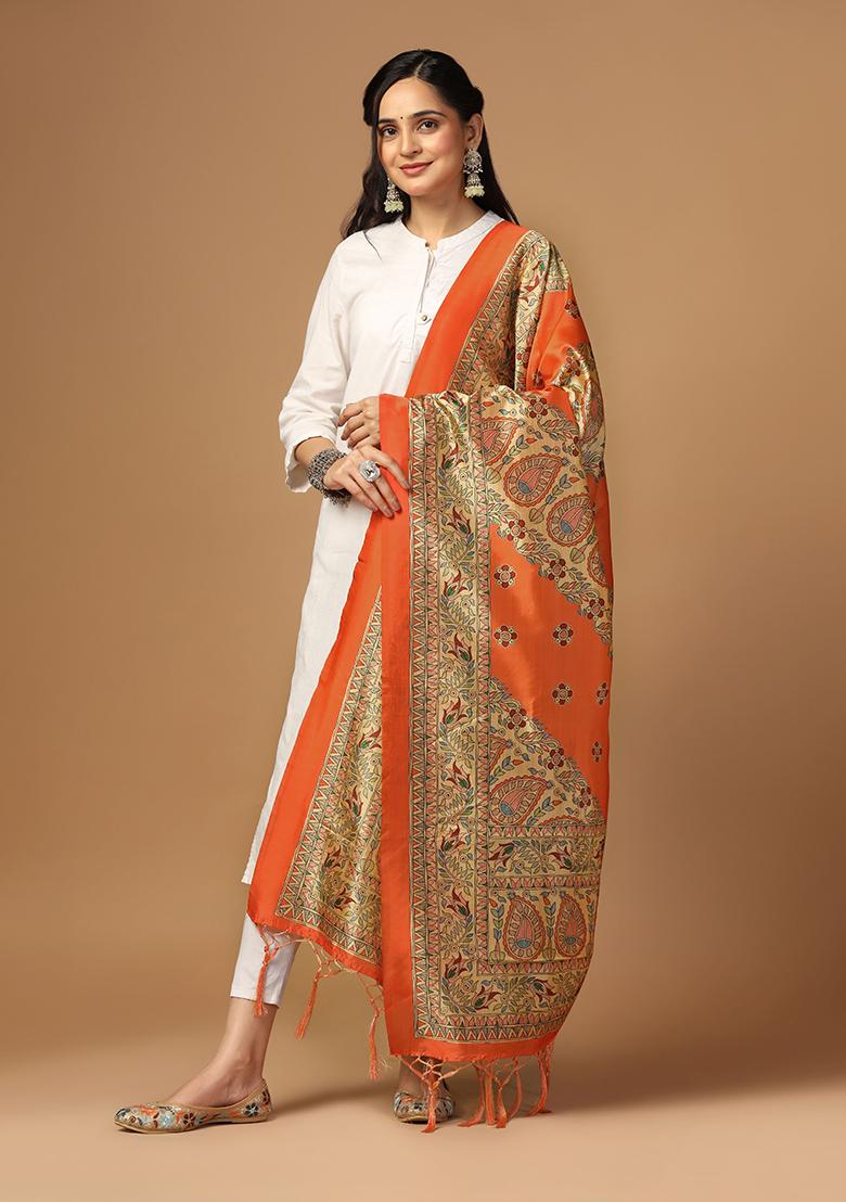 Orange Abstract Print Art Silk Dupatta