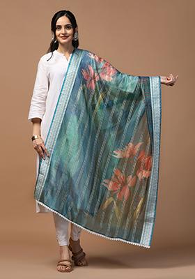 Blue Abstract Print Organza Dupatta