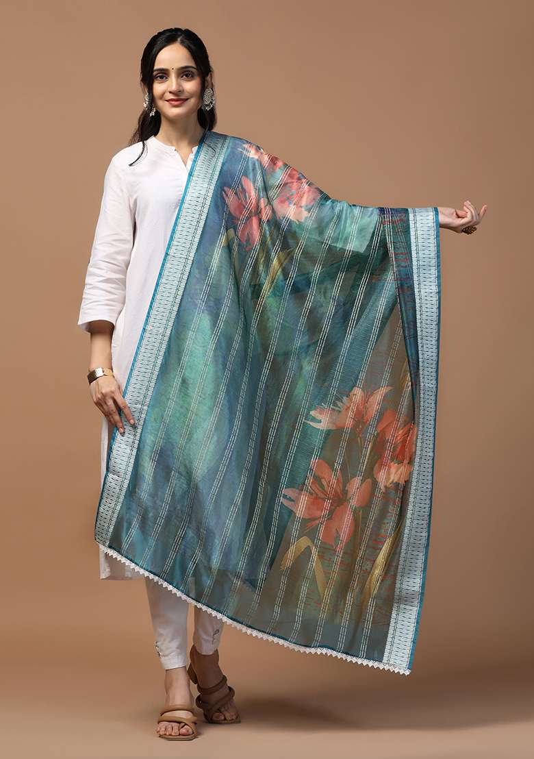 Blue Abstract Print Organza Dupatta - Indya