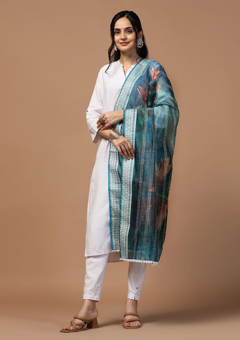 Blue Abstract Print Organza Dupatta