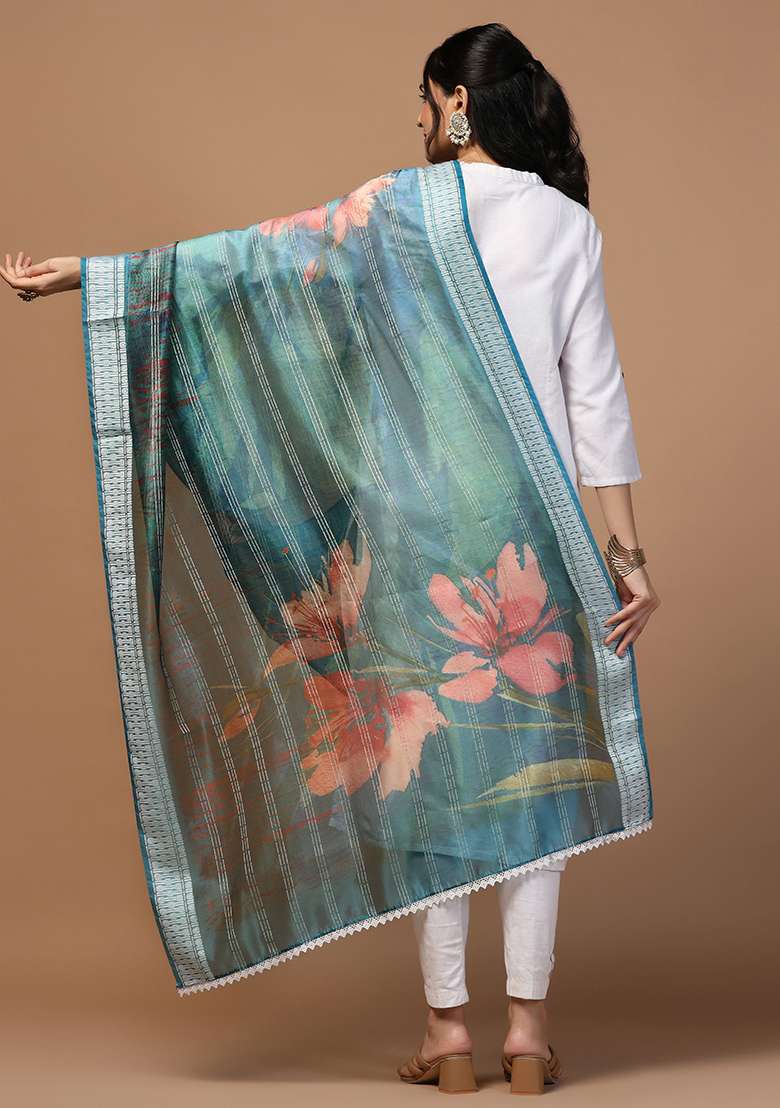 Blue Abstract Print Organza Dupatta - Indya