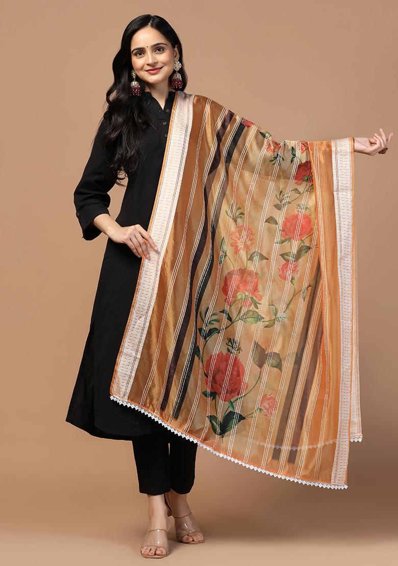 Peach Abstract Print Organza Dupatta