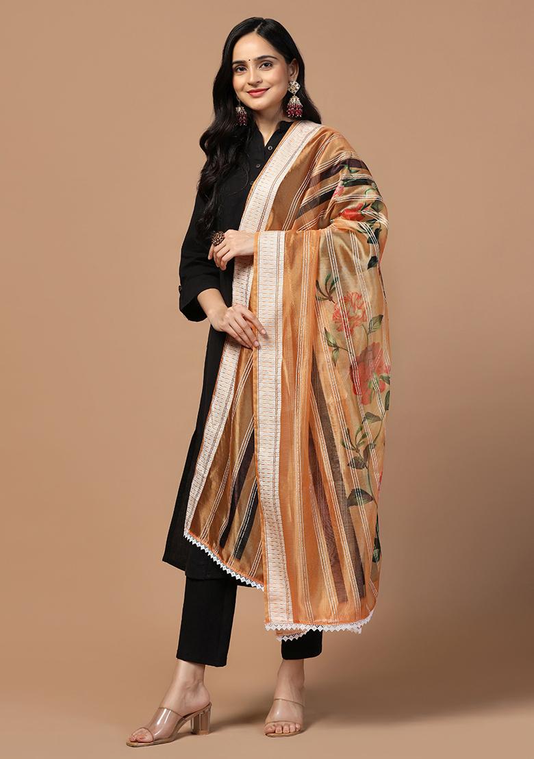 Peach Abstract Print Organza Dupatta