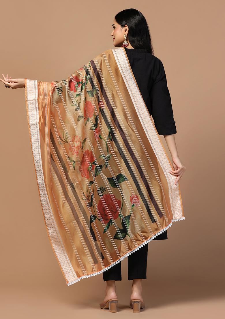 Peach Abstract Print Organza Dupatta