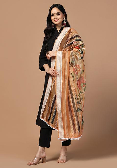 Peach Abstract Print Organza Dupatta