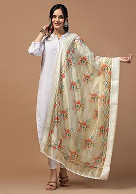 Cream Abstract Print Organza Dupatta