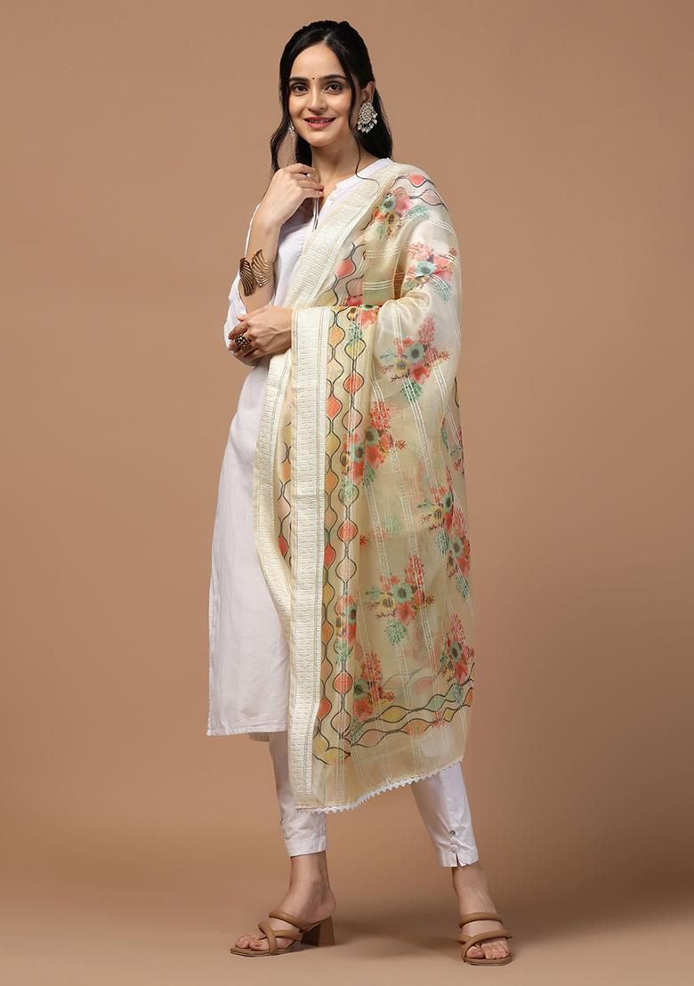 Cream Abstract Print Organza Dupatta