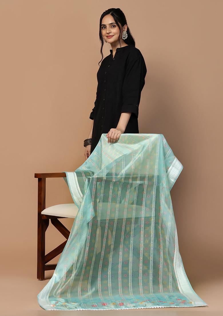 Sea Green Abstract Print Organza Dupatta