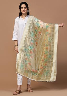 Beige Abstract Print Organza Dupatta