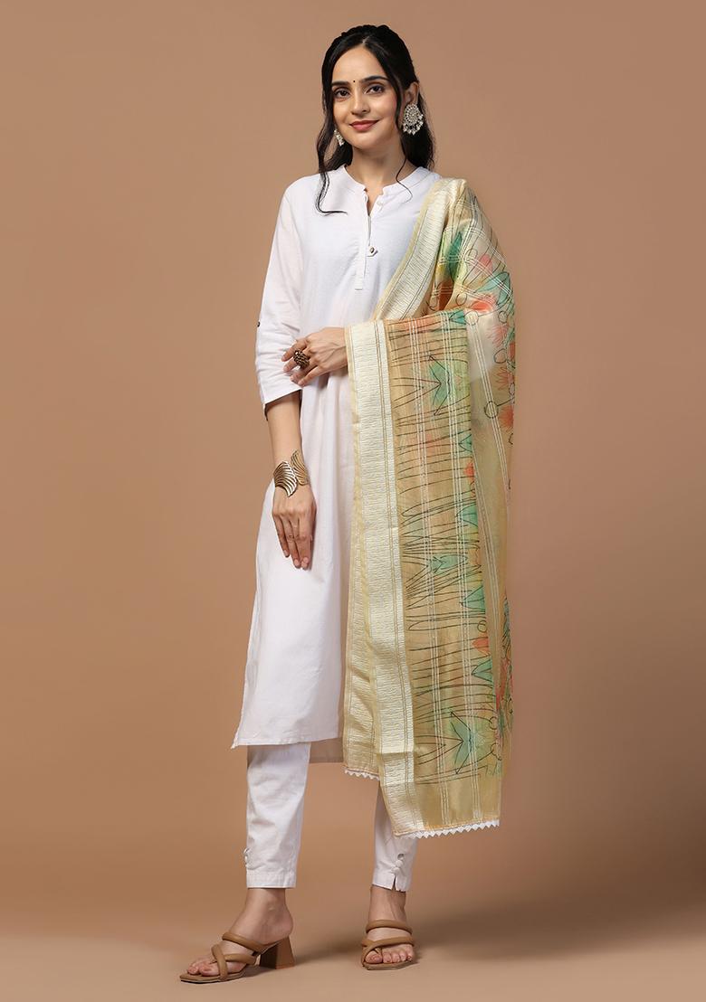 Beige Abstract Print Organza Dupatta