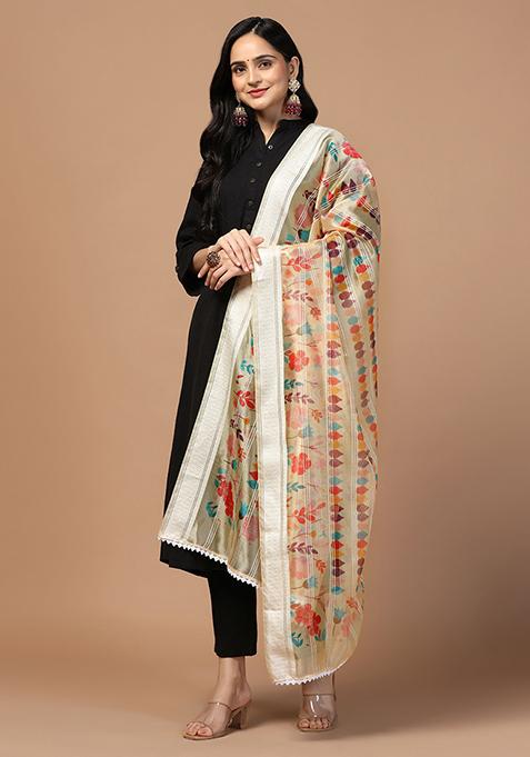 Peach Abstract Print Organza Dupatta