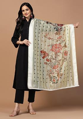 Cream Abstract Print Organza Dupatta