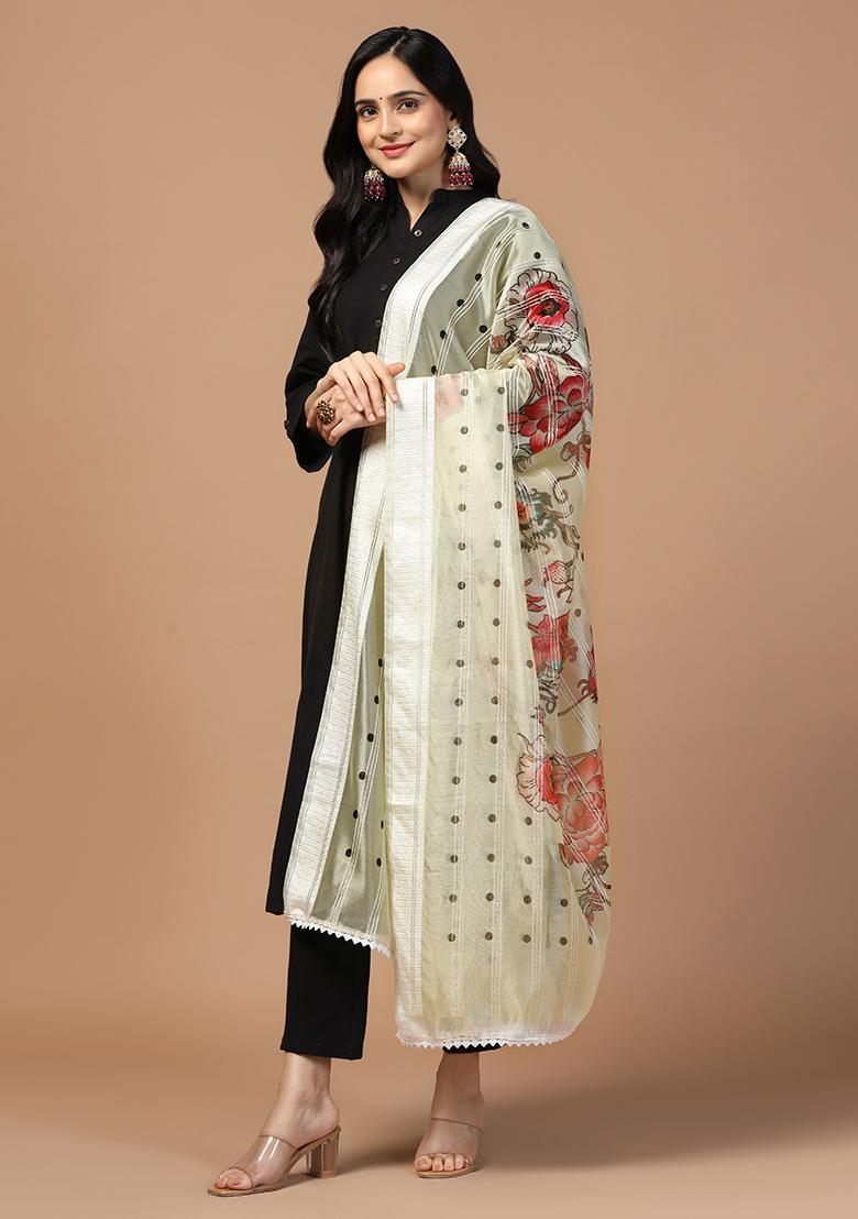 Cream Abstract Print Organza Dupatta