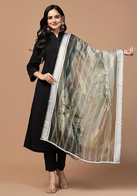 Grey Abstract Print Organza Dupatta
