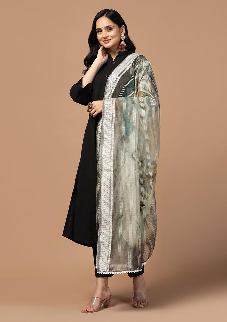 Grey Abstract Print Organza Dupatta