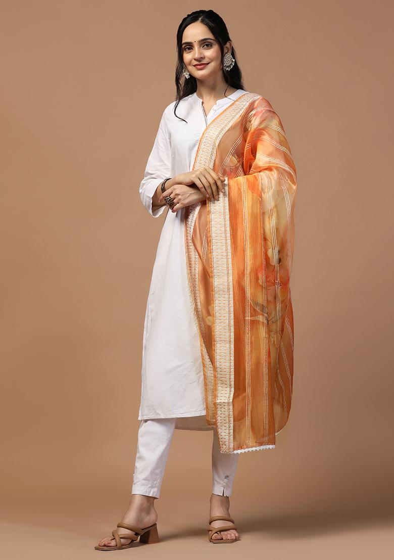 Orange Abstract Print Organza Dupatta