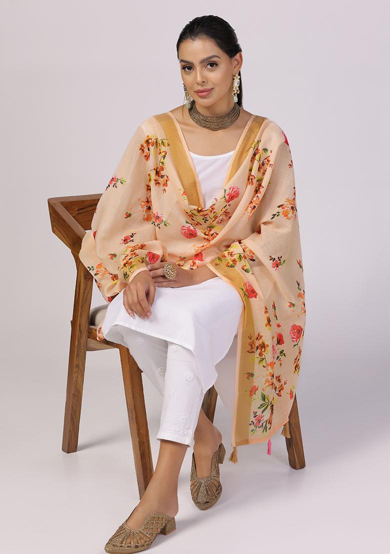 Peach Abstract Print Poly Blend Dupatta