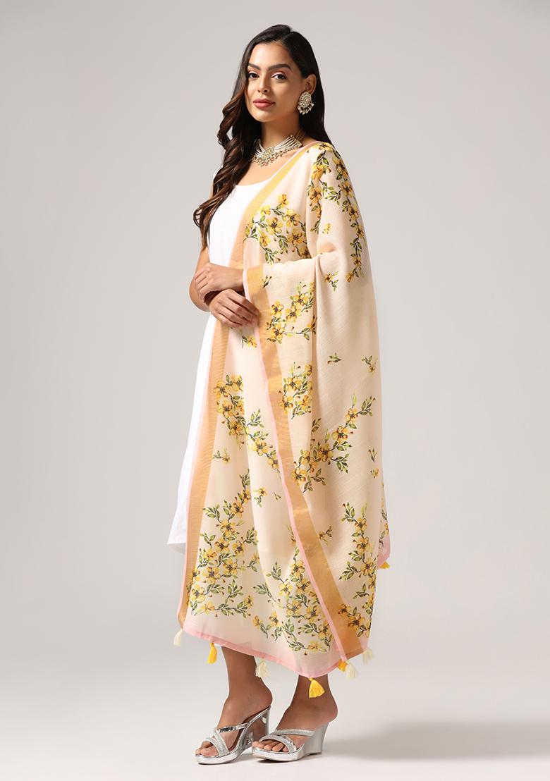 Cream Abstract Print Poly Blend Dupatta