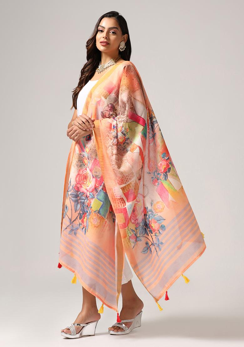 Peach Abstract Print Poly Blend Dupatta