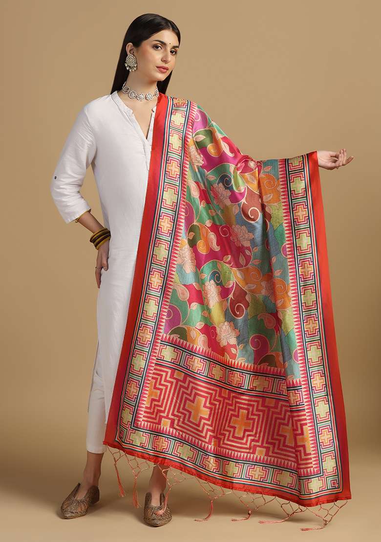 Red Abstract Print Art Silk Dupatta - Indya