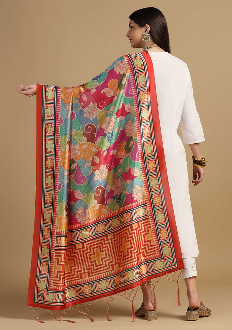 Red Abstract Print Art Silk Dupatta - Indya