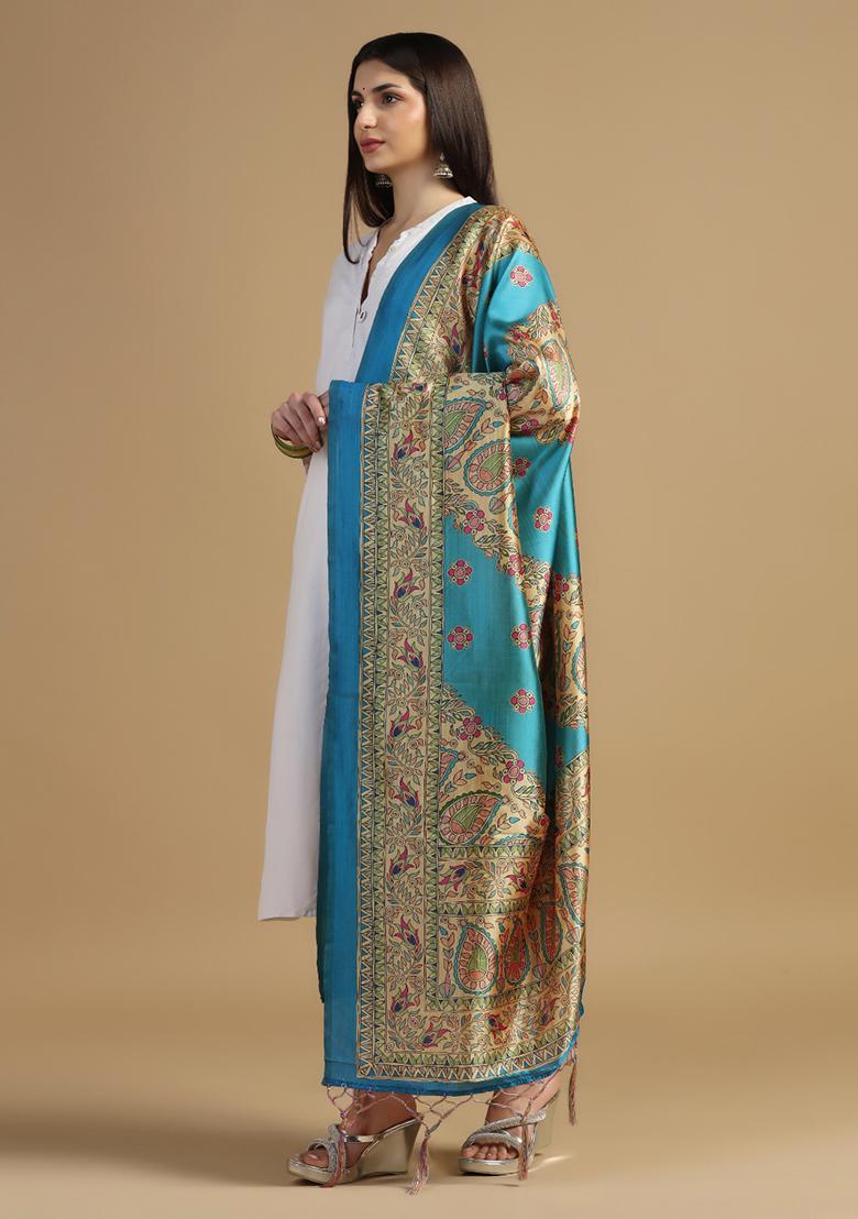 Sky Blue Abstract Print Art Silk Dupatta