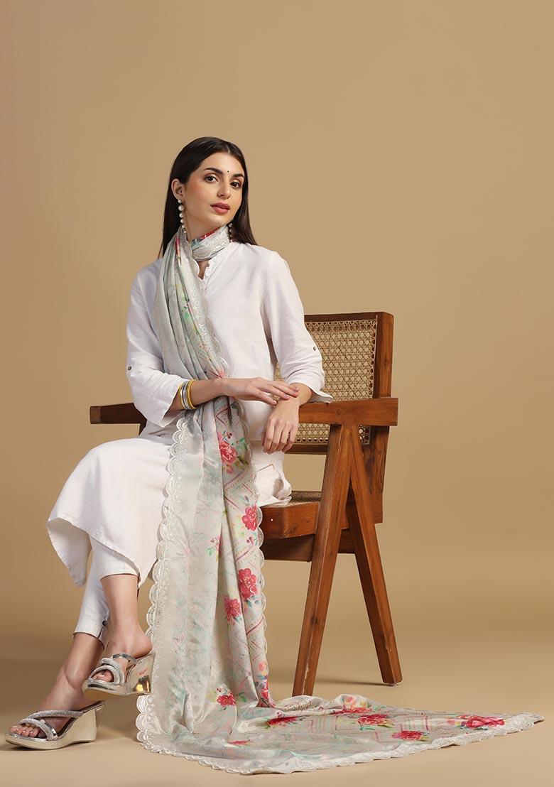 Grey Embroidered Chinnon Dupatta