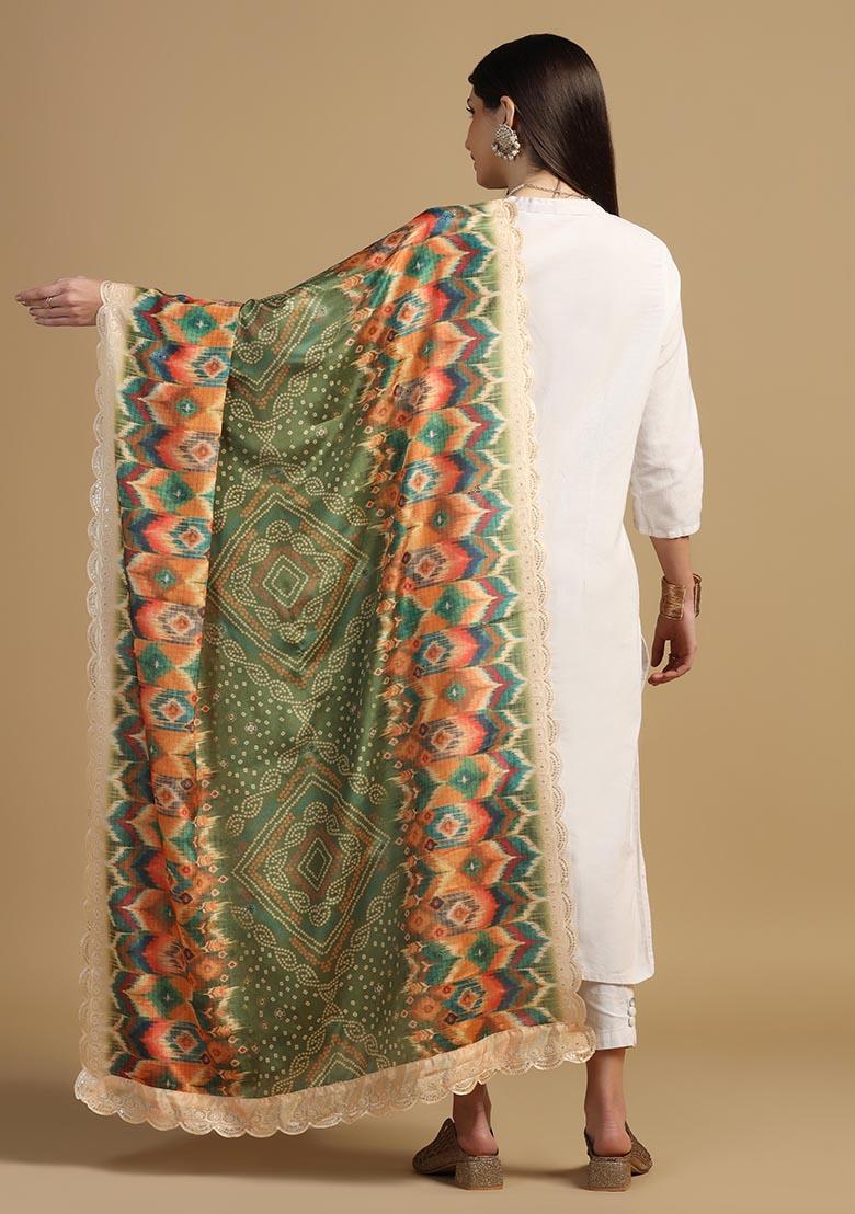 Green Embroidered Chinnon Dupatta