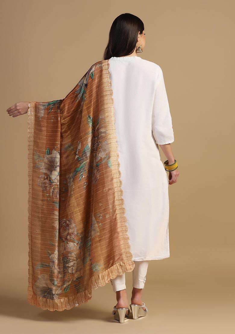 Brown Embroidered Chinnon Dupatta
