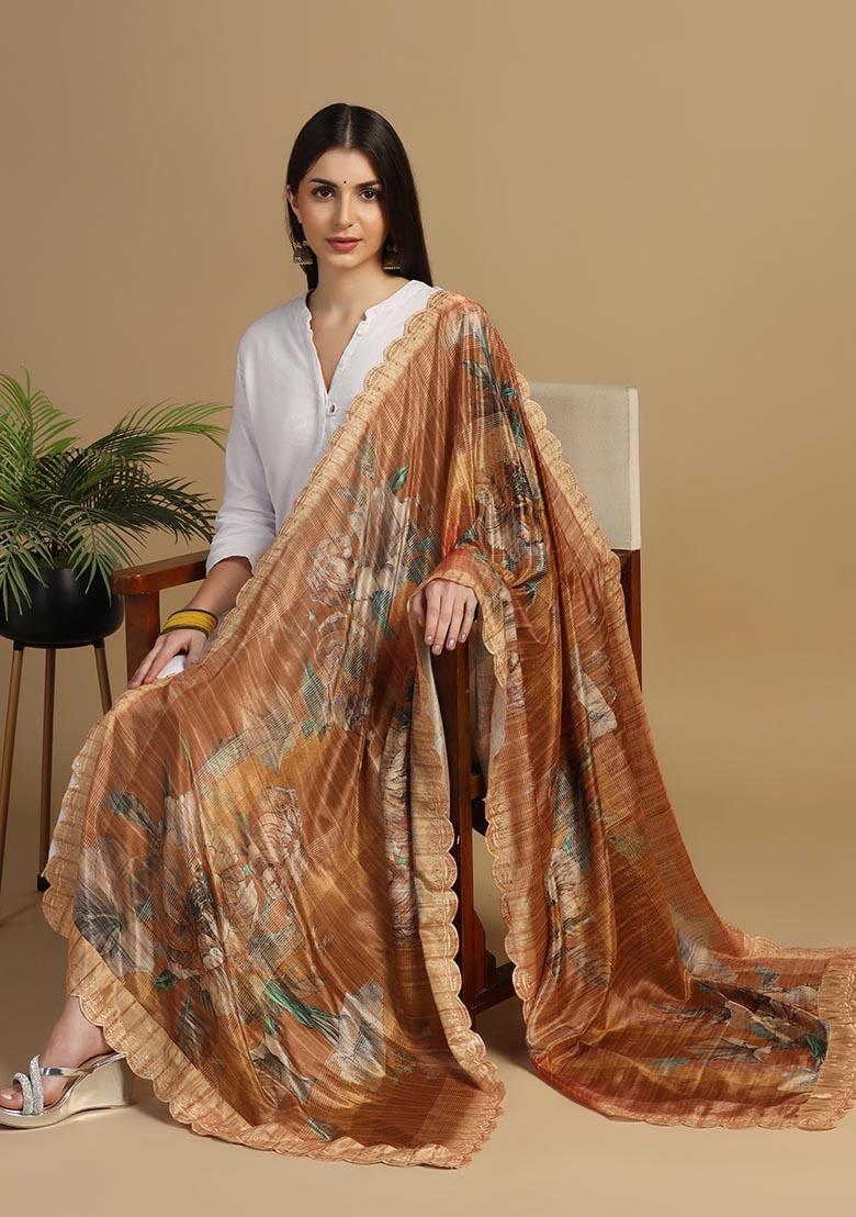 Brown Embroidered Chinnon Dupatta