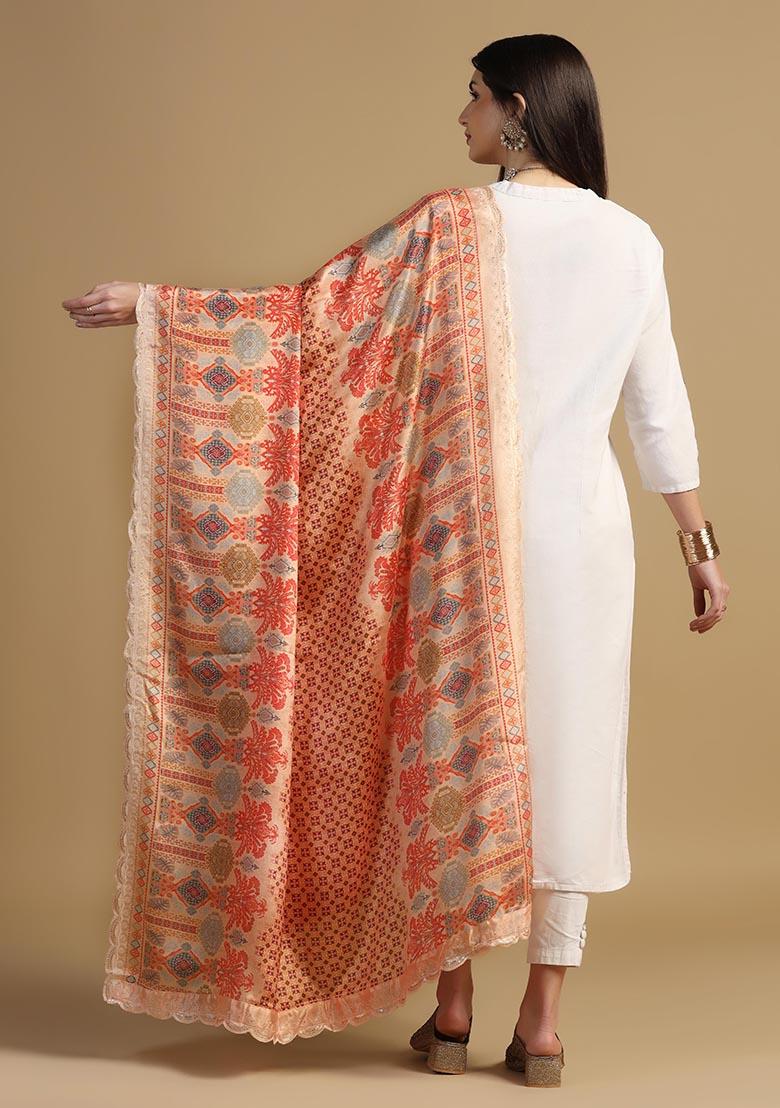 Red Embroidered Chinnon Dupatta