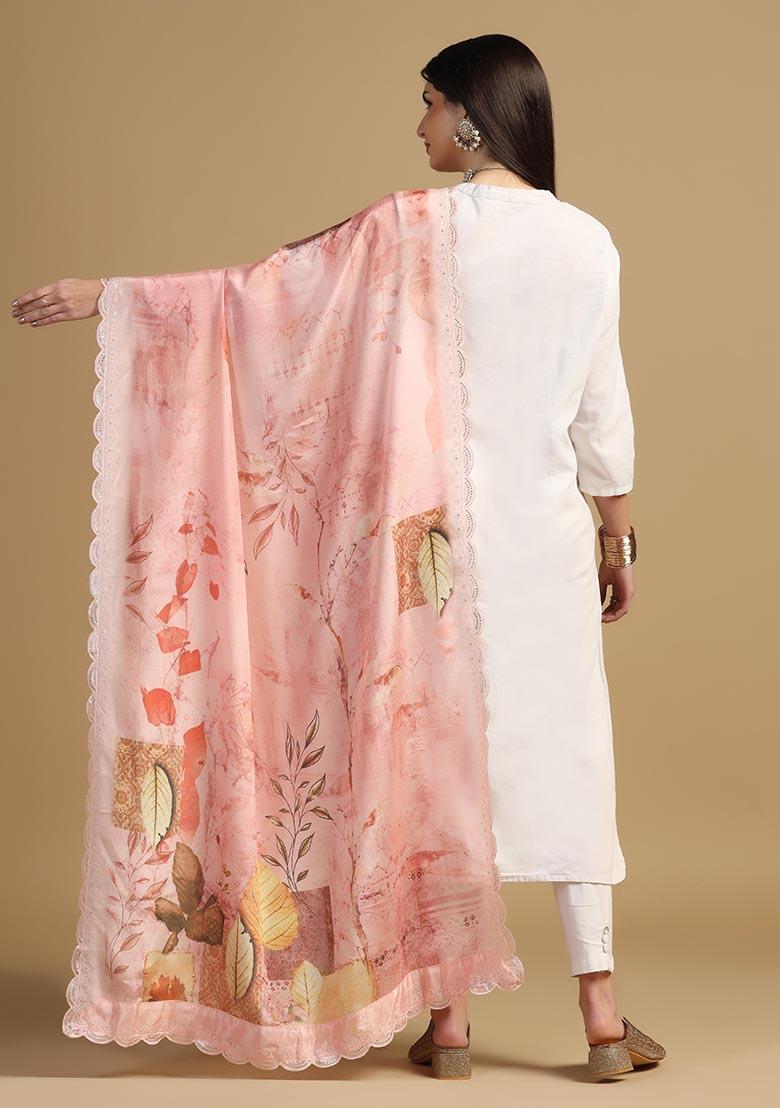 Peach Embroidered Chinnon Dupatta