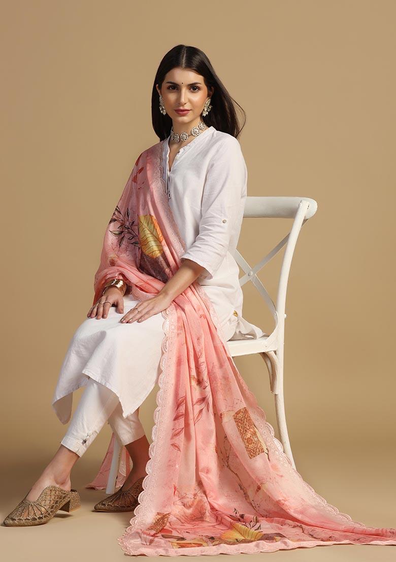 Peach Embroidered Chinnon Dupatta