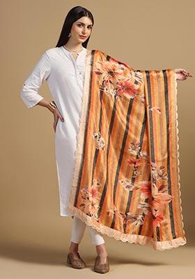 Orange Embroidered Chinnon Dupatta