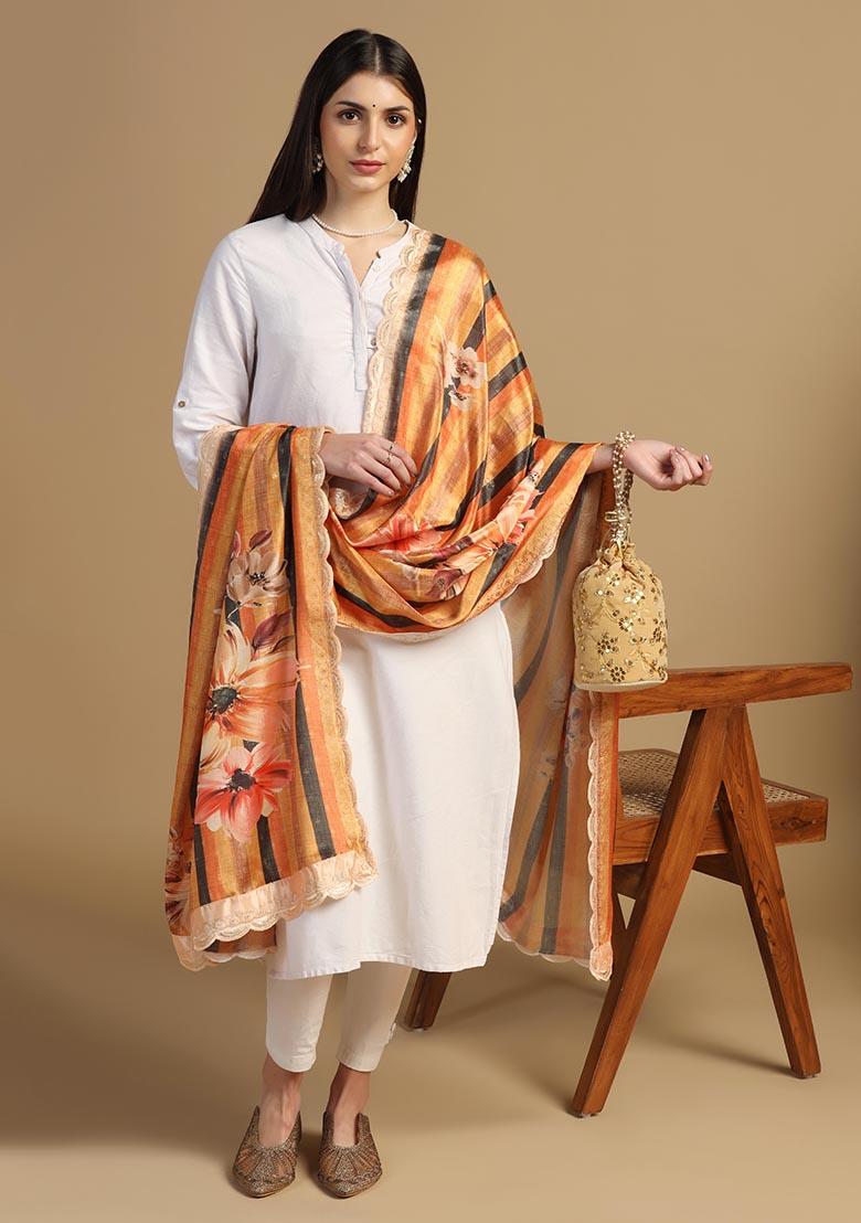 Orange Embroidered Chinnon Dupatta