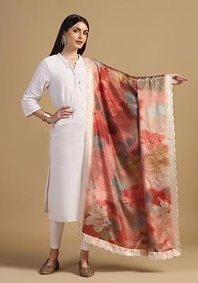 Peach Embroidered Chinnon Dupatta