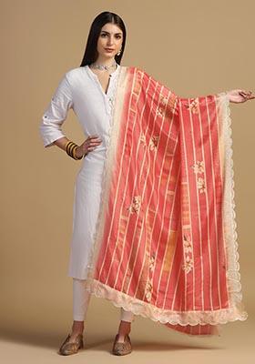 Red Embroidered Chinnon Dupatta