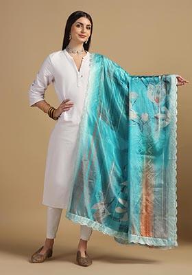 Teal Blue Embroidered Chinnon Dupatta