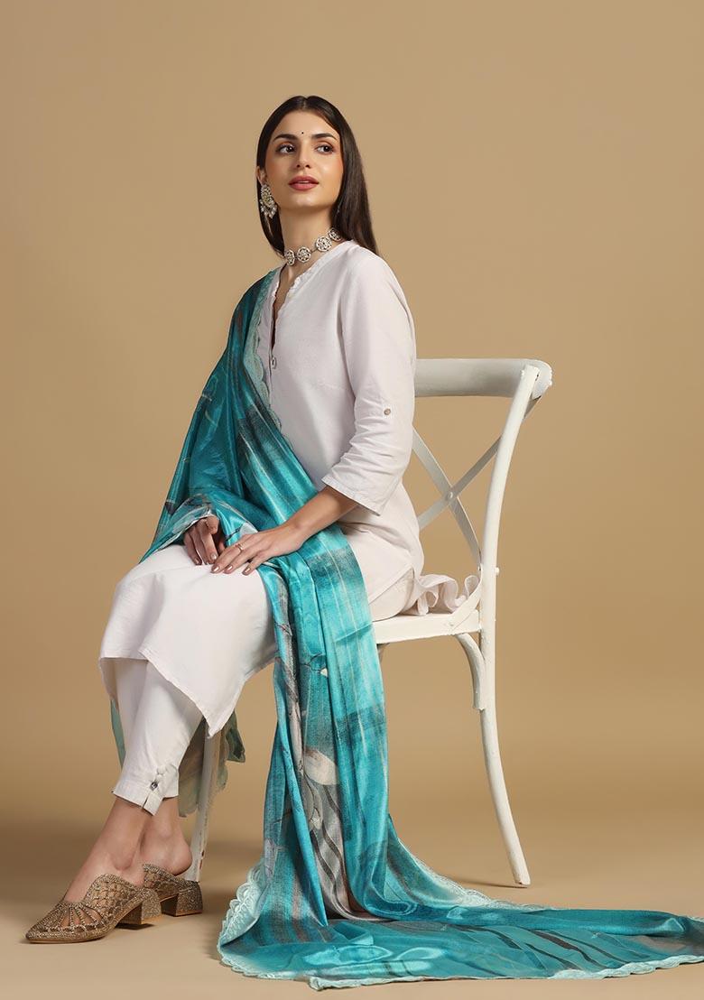 Teal Blue Embroidered Chinnon Dupatta