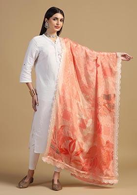 Orange Embroidered Chinnon Dupatta