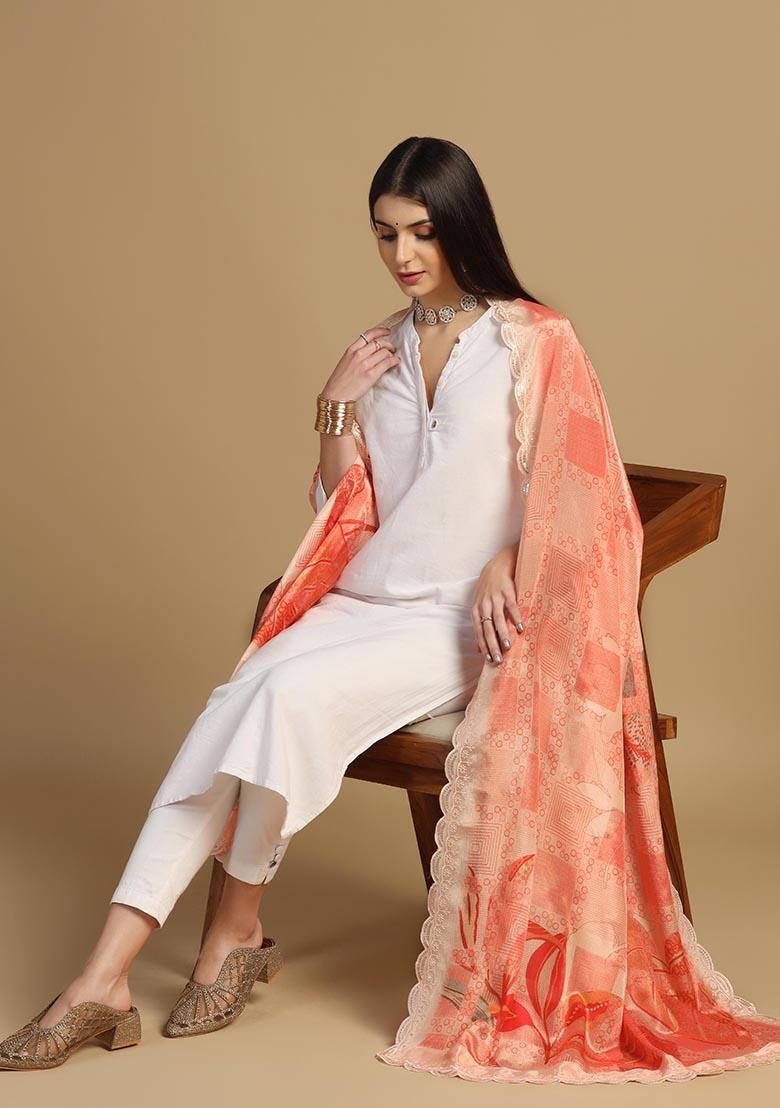 Orange Embroidered Chinnon Dupatta